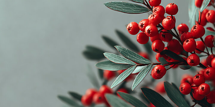Scarlet Berries and Serene Backdrop: A close-up shot of vibrant red berries on a branch is artfully displayed, with elegant green leaves set against a smooth, soft gray background.