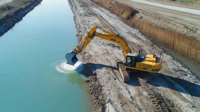 Aerial view of a yellow excavator digging into a canal or waterway with a large bucket 4k video