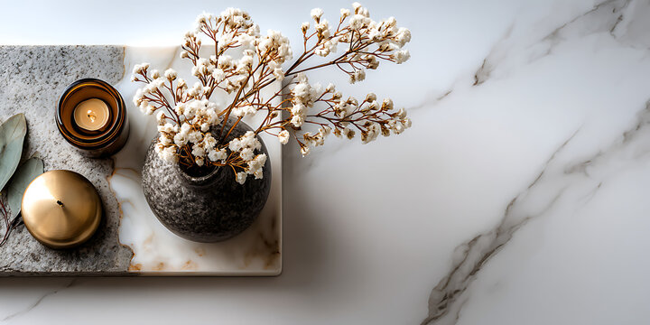 Elegant Still Life: A meticulously arranged scene features a minimalist aesthetic, showcasing delicate dried flower arrangements, a lit candle, and a gilded lid resting on a marble surface.