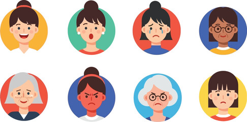 Eight distinct female characters displaying a spectrum of emotional states