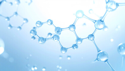 透明な水分子が連結した美容成分の分子構造を描いた先端美容サイエンスイメージ・ヒアルロン酸やNMFを想起させる高品質3Dビジュアル|Clear hydrating molecular structure representing beauty ingredients, advanced skincare science visual evoking hyaluronic acid and NMF