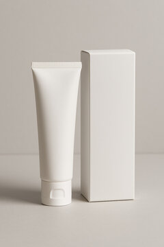 ミニマルな白い化粧品チューブと外箱の高品質プロダクトモックアップ・スキンケアやクリームのパッケージデザイン向け素材｜Minimal white cosmetic tube and box high-quality product mockup for skincare and cream package design