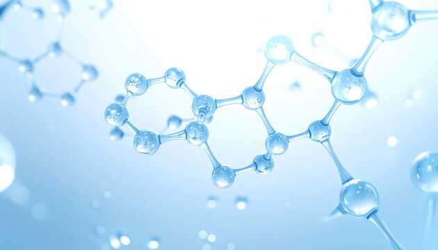 透明な水分子が連結した美容成分の分子構造を描いた先端美容サイエンスイメージ・ヒアルロン酸やNMFを想起させる高品質3Dビジュアル｜Clear hydrating molecular structure representing beauty ingredients, advanced skincare science visual evoking hyaluronic acid and NMF - Powered by Adobe