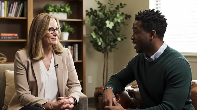 Professional Conversation Between Woman and Man in Cozy Office Setting
