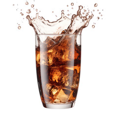 Dark soda with dramatic upward splash and sparkling bubbles on transparent background