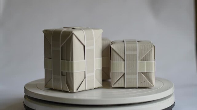 Elegant display of neatly wrapped beige gift boxes on a rotating white platform, showcasing intricate ribbon patterns and geometric folds against a soft neutral background, perfect for a minimalist
