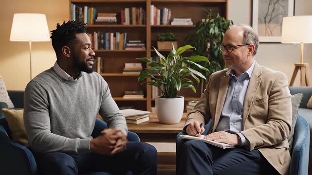 Professional Counseling Session Between Two Men in Cozy Office Setting for Mental Health Support