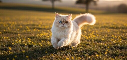 White cat running through field of yellow flowers