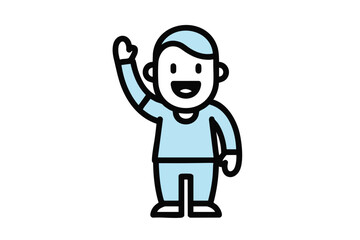Fototapeta premium A smiling, cartoonish figure in blue raising an arm to wave or greet