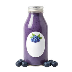 A Refreshing Blueberry Smoothie In A Glass Bottle Surrounded By Fresh Blueberries Against A White Background