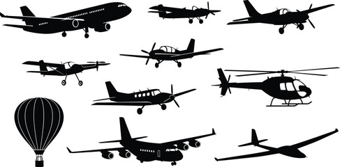 Aircraft silhouette collection showing airplanes, helicopters, gliders and hot air balloon, aviation transport icons isolated on white background