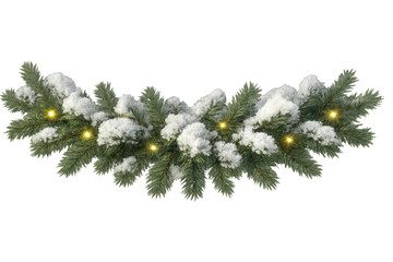 Christmas garland with evergreen fir branches covered in snow and glowing decorative lights on transparent background