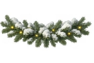 Christmas garland with evergreen fir branches covered in snow and glowing decorative lights on transparent background