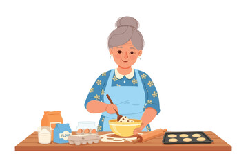 An elderly woman bakes cookies, mixing batter at a table with ingredients