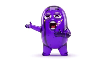 Vibrant purple animated character singing passionately with musical notes and glossy finish on isolated white background