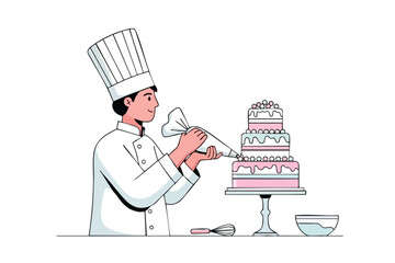 Chef decorates a multi-tiered cake with frosting, using a piping bag, a whisk and a bowl