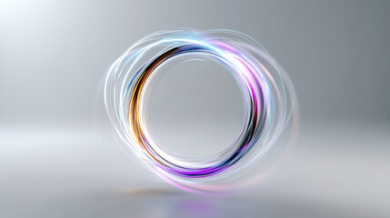 Holographic-style circular quantum field in a white ambient space, ultra-thin light trails flowing gently in orbit. Matte background, subtle energy core at center, no clutter. Mode