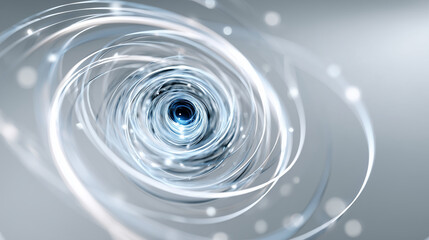 Holographic-style circular quantum field in a white ambient space, ultra-thin light trails flowing gently in orbit. Matte background, subtle energy core at center, no clutter. Mode