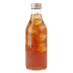 A Tall Glass Bottle Filled With Iced Tea And Ice Cubes Isolated On A White Background