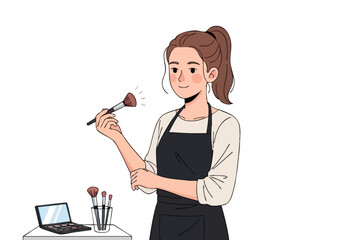 A woman in a black apron holds a makeup brush, tools are on a white table