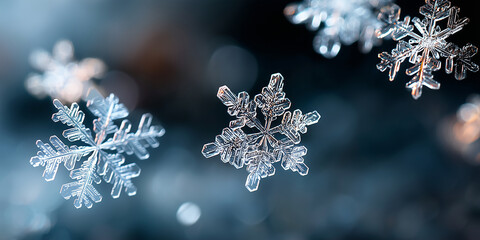 macro photo of multiple snowflakes suspended in mid-air, each with unique crystalline patterns, dark blurred background, soft studio lighting, high detail, shallow depth of field,
