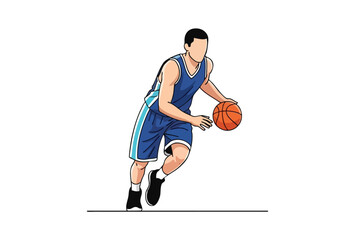 A player dribbles a basketball, depicted in a minimalist style against a white backdrop