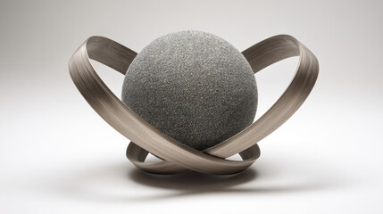 Hybrid art object with soft matte fabric sphere embraced by brushed aluminum arcs isolated on white background
