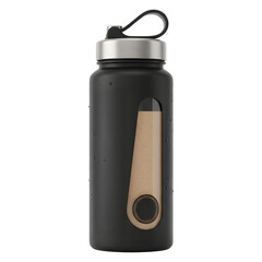 Black Metal Water Bottle With Transparent Window And Stainless Steel Cap Isolated On White