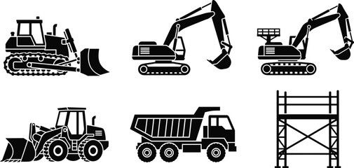 Construction machinery silhouette icons set, heavy equipment vehicles including excavator bulldozer loader dump truck for industrial building design © kulsum creatives