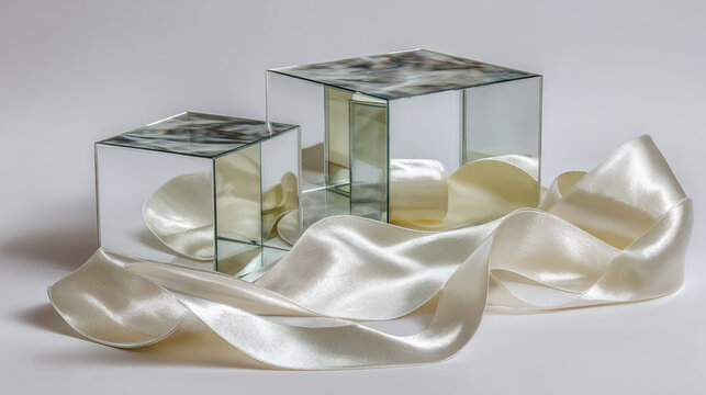 Satin wave ribbon next to mirrored cubes creating reflective accents isolated on pure white background
