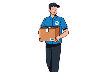 An illustrated delivery man with a package smiles, wearing a uniform
