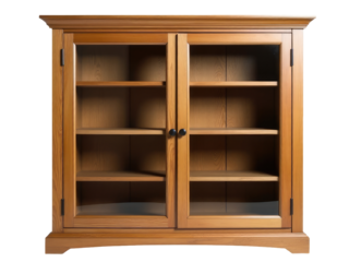 A wooden bookcase with glass doors on a white background, suitable for home decor or office use
