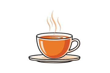 An orange cup of hot liquid with steam rising, on a saucer