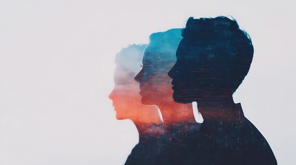 A creative double exposure image featuring silhouettes of three faces with vibrant colors and textures, suggesting depth and emotion.