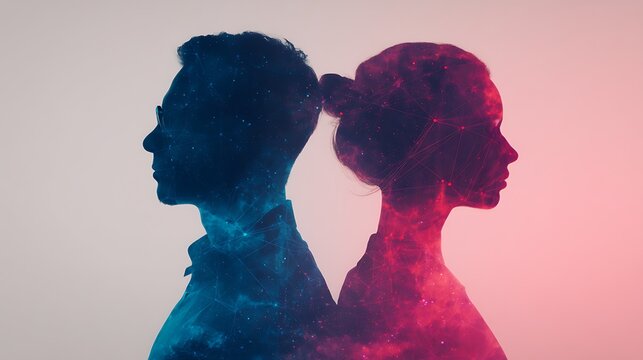 A stylized silhouette of a man and woman merge with cosmic textures, symbolizing connection and duality in a colorful, abstract design.
