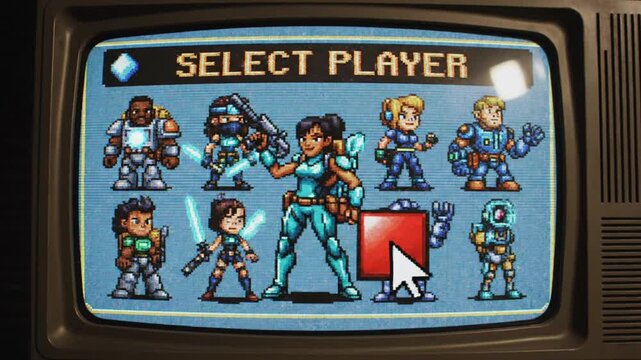 Retro video game character selection screen
