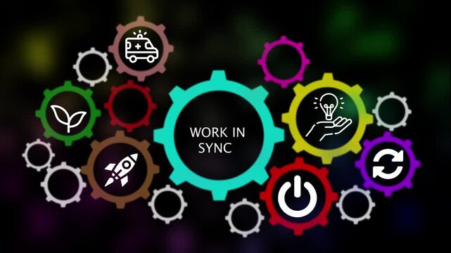 Interconnected Gears with Icons Representing Work in Sync and Various Concepts Keywords: gears, interconnected, sync, work, teamwork