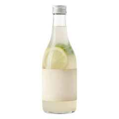Clear Glass Bottle of Refreshing Lemonade With Slices of Lemon and Mint Leaves and Blank Label Isolated on White Background