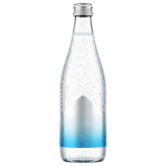 Clear Glass Bottle With Sparkling Water And Blue Label On Transparent Background