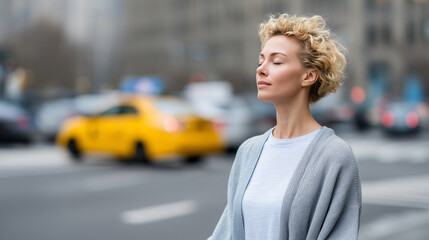 Focused female finding solitude and peace in hectic urban environment, mindful presence, city meditation, defocused busy street movement background, with copy space