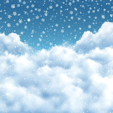 White snowflakes descend from a blue sky onto soft, fluffy clouds, creating a sparkling, ethereal winter landscape with fresh snow