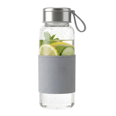 Clear Glass Water Bottle with Refreshing Citrus and Cucumber Infusion and Grey Silicone Sleeve on White Background