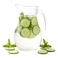 Clear Glass Pitcher Filled With Refreshing Cucumber Mint Infused Water Surrounded By Sliced Cucumbers And Fresh Mint Leaves.