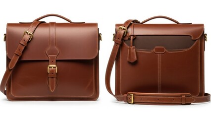 Pair of Classic Brown Leather Satchel Briefcases with Top Handles, Adjustable Shoulder Straps, Front Buckle Closures, and Structured Square Silhouettes for Office, Study, and Daily Commute

