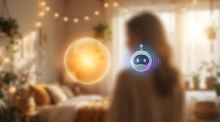 Woman interacting with virtual AI assistant in cozy smart bedroom