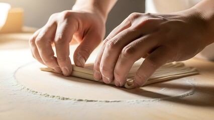 Crafting homemade noodles with careful hands on a floured countertop
