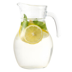 Clear Glass Pitcher Filled With Refreshing Lemon Water And Mint Leaves With Sliced Lemons Floating