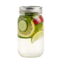 Clear Mason Jar Filled With Refreshing Water Infused With Sliced Lemon Lime Cucumber And Mint Leaves Healthy Drink