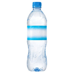 Clear Plastic Bottle Of Water With Blue Label And Bubbles Isolated On White Background