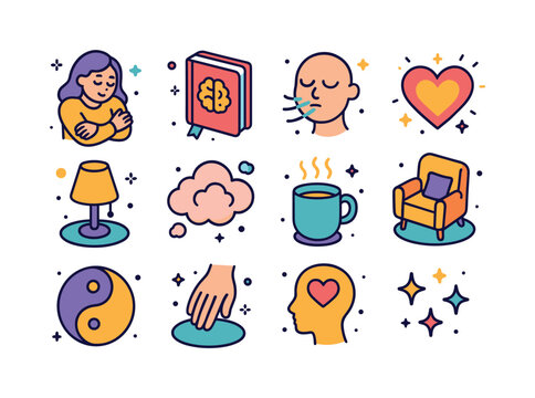 Mental Wellness Icons. Mental health care. Colorful isometric ve